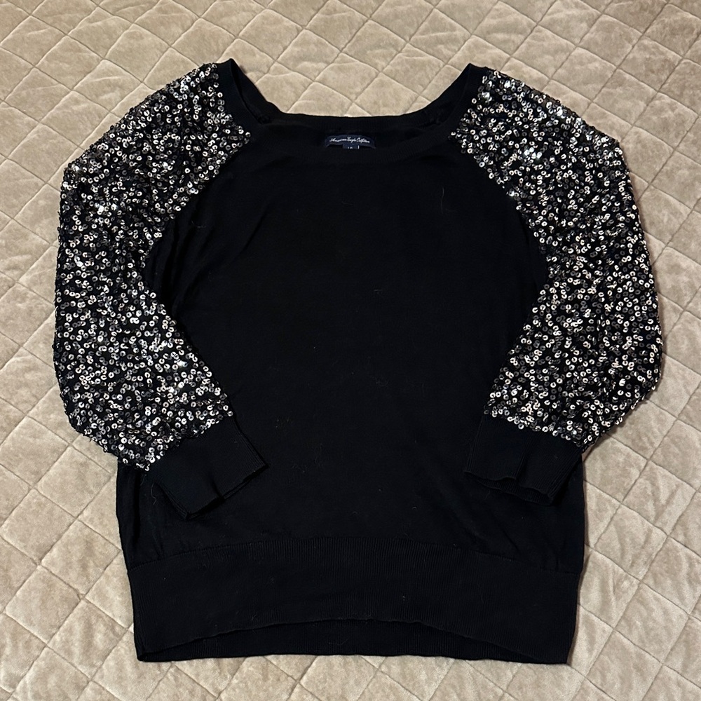 Black Sweater with Sequin Sleeves